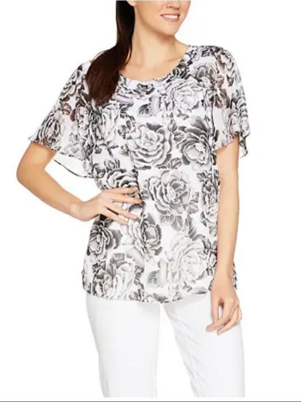 Isaac Mizrahi Floral Print Flounce Sleeves Woven Blouse